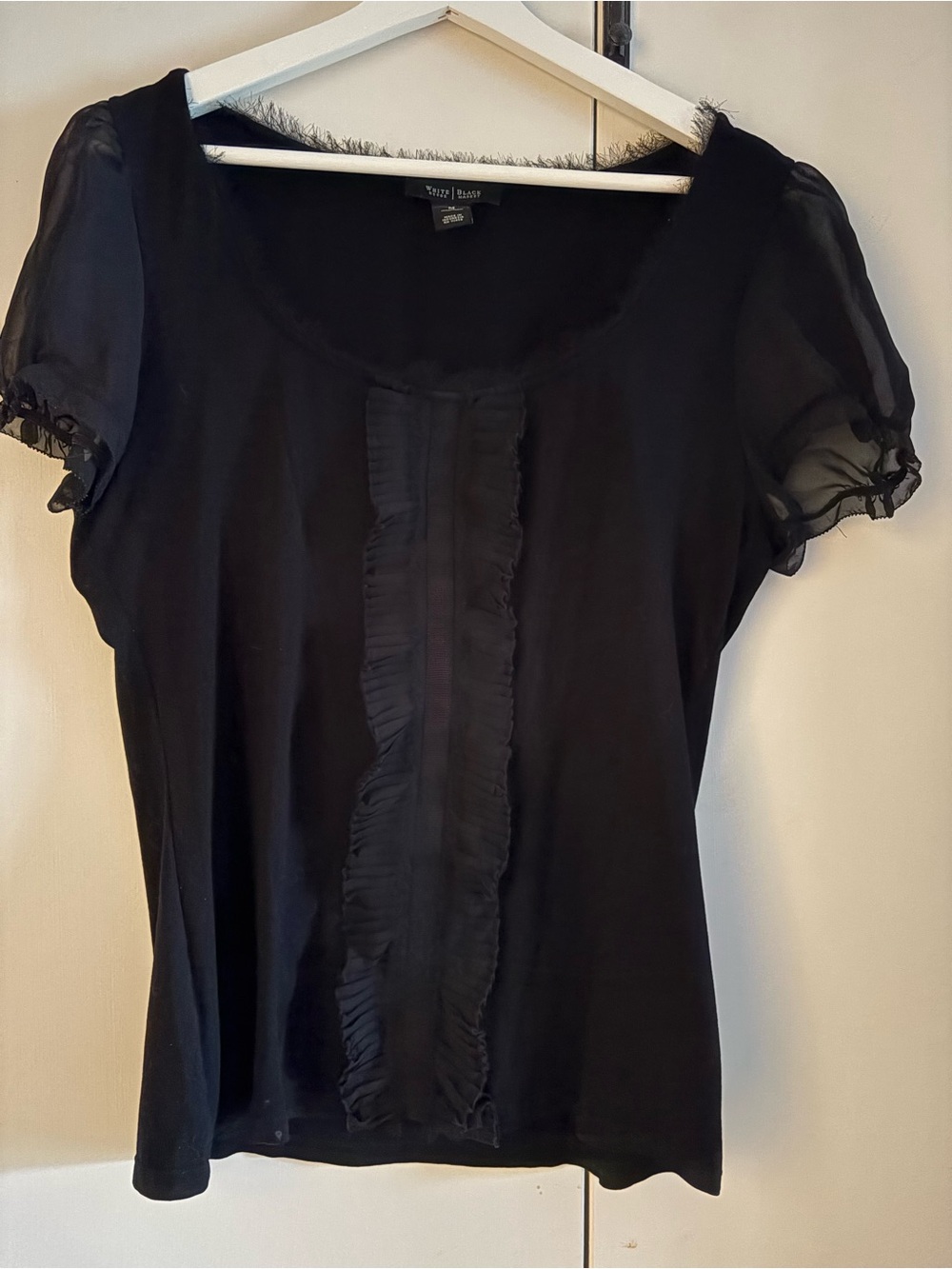 White House Black Market Black Ruffle-Front Short Sleeve Blouse